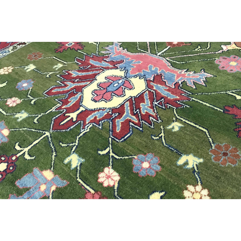 Hand-Knotted High-Quality Green and Wine Area Rug