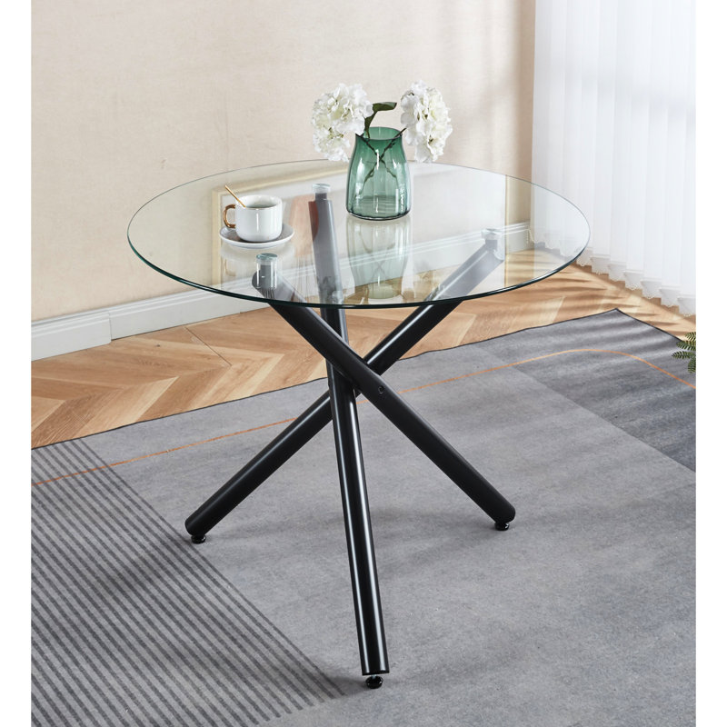 Table ronde sur support en métal noir avec cadre et cadre en verre trempé facile