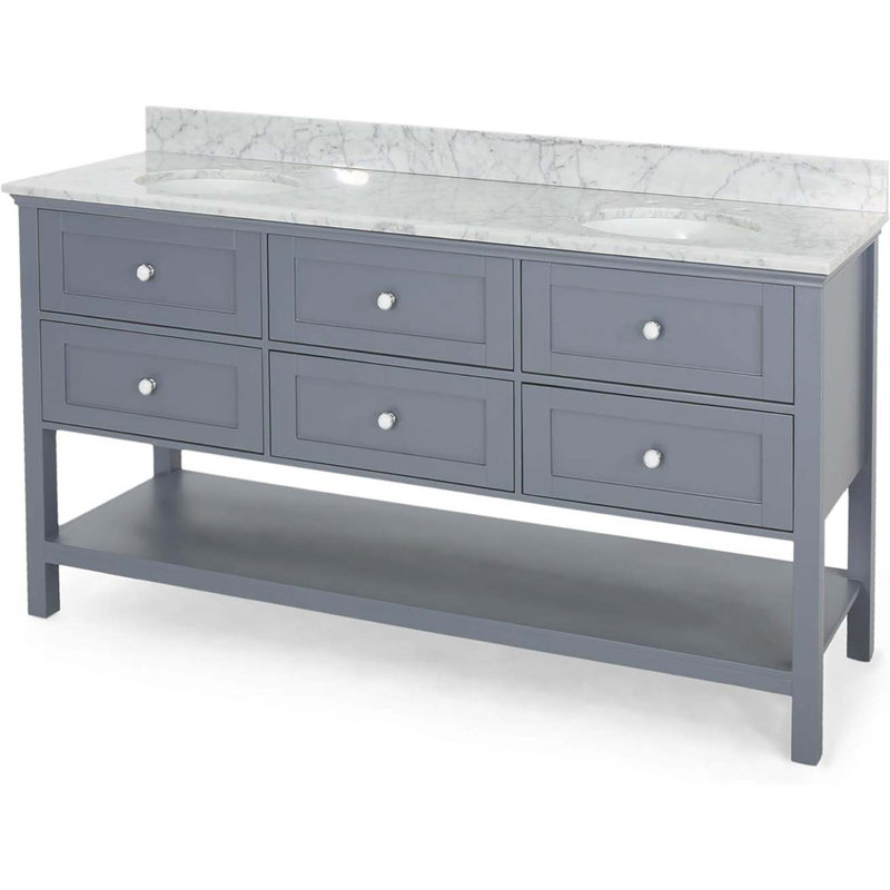 Meuble-lavabo 73 po avec plateau en marbre et lavabos doubles en céramique, 4 tiroirs, tablette ouverte, Gris