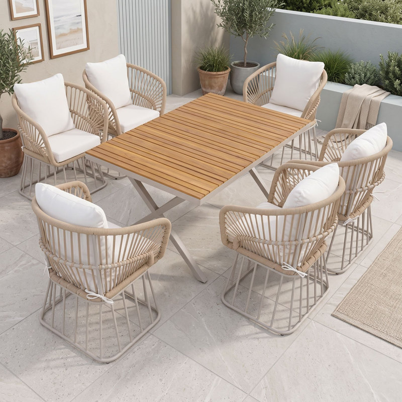Ensemble repas d'extérieur 7 pièces avec table rectangulaire, 6 fauteuils rembourrés, meubles de patio à structure en acier
