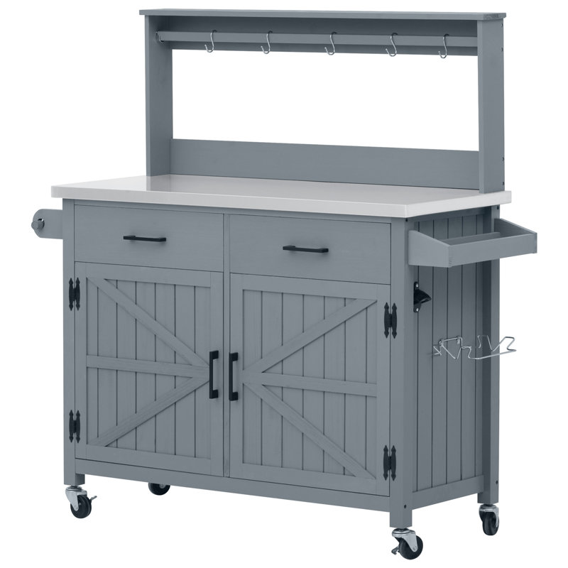 54.1" Outdoor Kitchen Island with High Shelf, Large Outdoor Potting Bench Table with Stainless Steel Top and Storage Cabinet