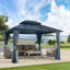 Pavillon de jardin à toit rigide avec double toit en acier galvanisé, structure en aluminium robuste, rideaux et filet pour patio, pelouse et jardin