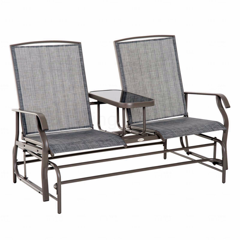Banc oscillant en tissu gris avec table centrale, causeuse de patio à structure en métal avec filet respirant et accoudoirs pour la véranda de jardin