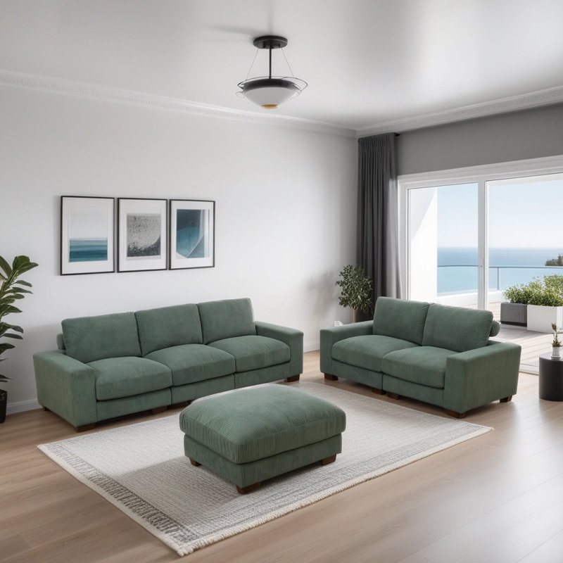 Ensemble de canapé modulaire réversible en velours côtelé 6 pièces avec repose-pieds Arden, Vert
