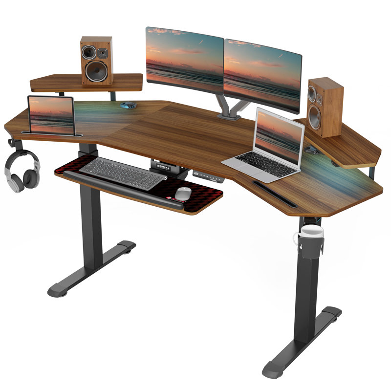 Adjustable Curved Metal Base Standing Desk, Walnut/Black