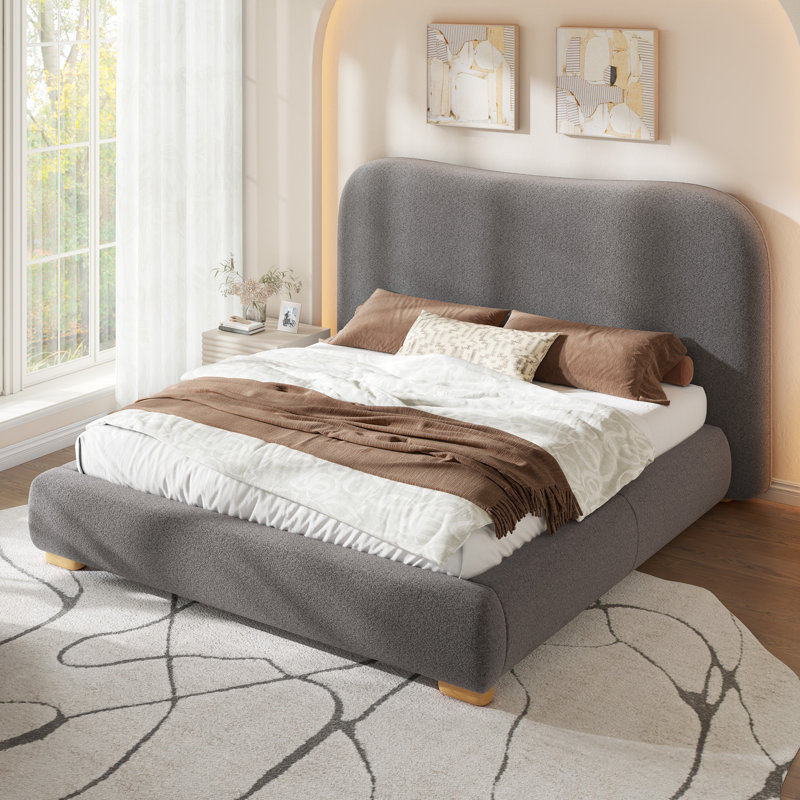 Lit plateforme tapissier moderne avec tête de lit courbée et pied de lit arrondi, Grand, Gris foncé