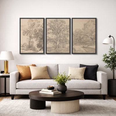 «Rustic Countryside», croquis rétro, arbre de forêt, œuvre d'art de campagne française classique neutre, impression sur toile encadrée, 3 pièces, 16 po x 24 po x 3 pièces, 24 po x 36 po x 3 pièces