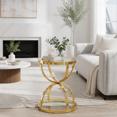 Table d'appoint moderne en verre avec 2 niveaux, cadres en forme d'anneau, structure en métal et verre trempé transparent, table basse ronde, table de chevet pour le salon, la chambre à coucher et le bureau