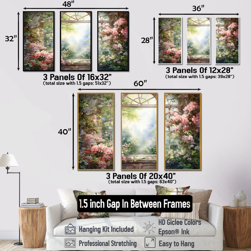 «Pink Blossoming Country Window Gaze II», art mural floral, H 28 po x l 36 po x P 1 po, Cadre flottant érable