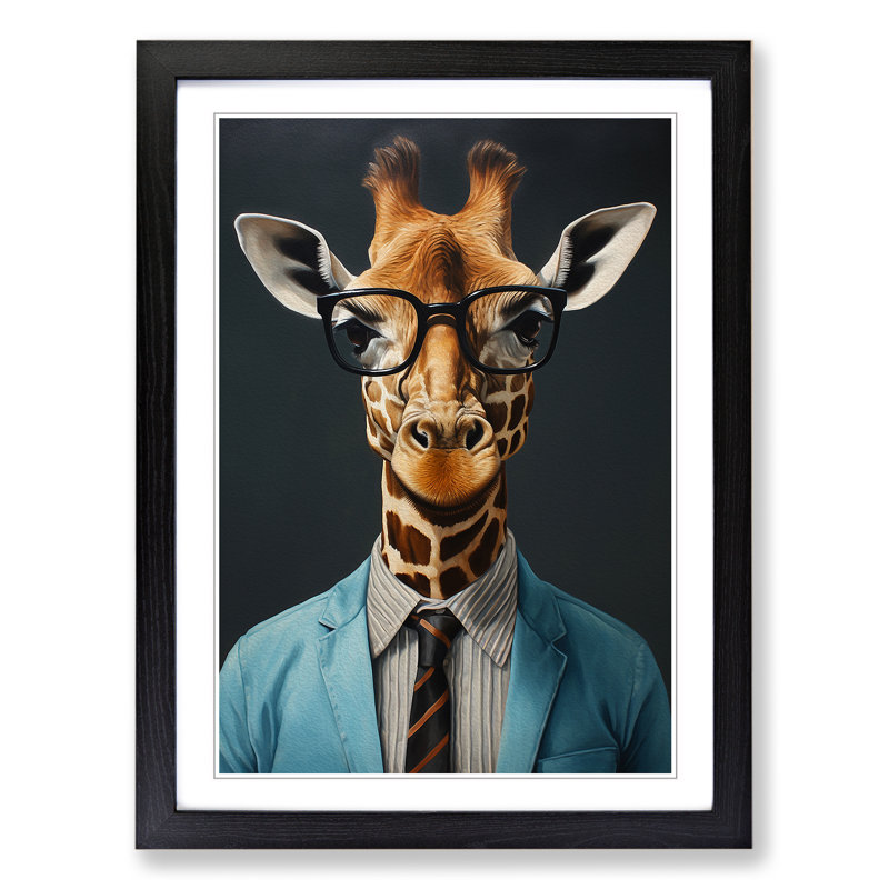 Giraffe with Glasses Painting - Framed Print, Black Framed, 64cm H x 46cm W