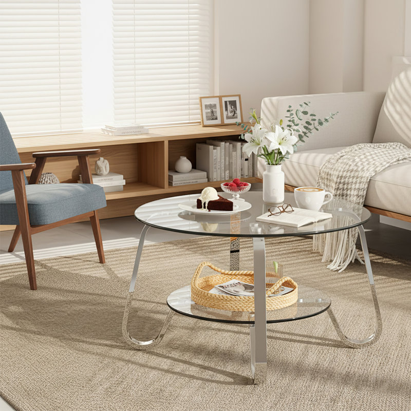 Table basse 31,5 po en verre trempé double couche, table basse ronde moderne avec cadre en métal pour le salon