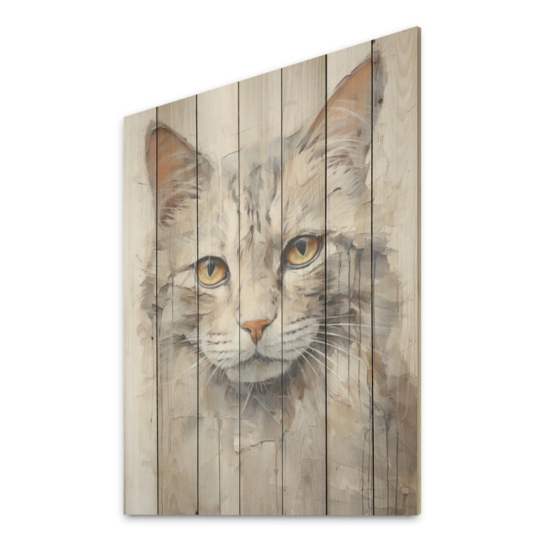 Minimalisme, portrait de chat beige - Art mural en bois sur bois de pin naturel, H 40 po x l 30 po