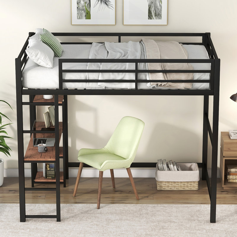 Lit mezzanine en métal avec bureau intégré et tablettes de rangement