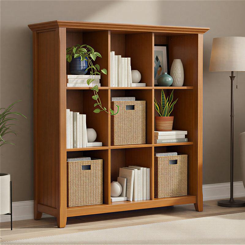 Acadian 48"H Solid Wood Transitional 9-Cube Bookcase with Fixed Shelves and Tapered Legs, Light Golden Brown