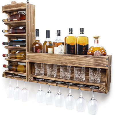 Wine Rack Wall Mounted Wood,Alcohol Shelf With Bottle Stemware Glass Holder Rustic Whiskey Display Storage With Cork Storage For Home Bar Kitchen Decor (Regular Without LED)