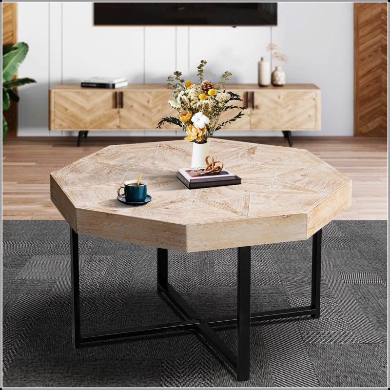 Table basse octogonale en bois avec patchwork, Natural / Oak Natural Wood + Antique White