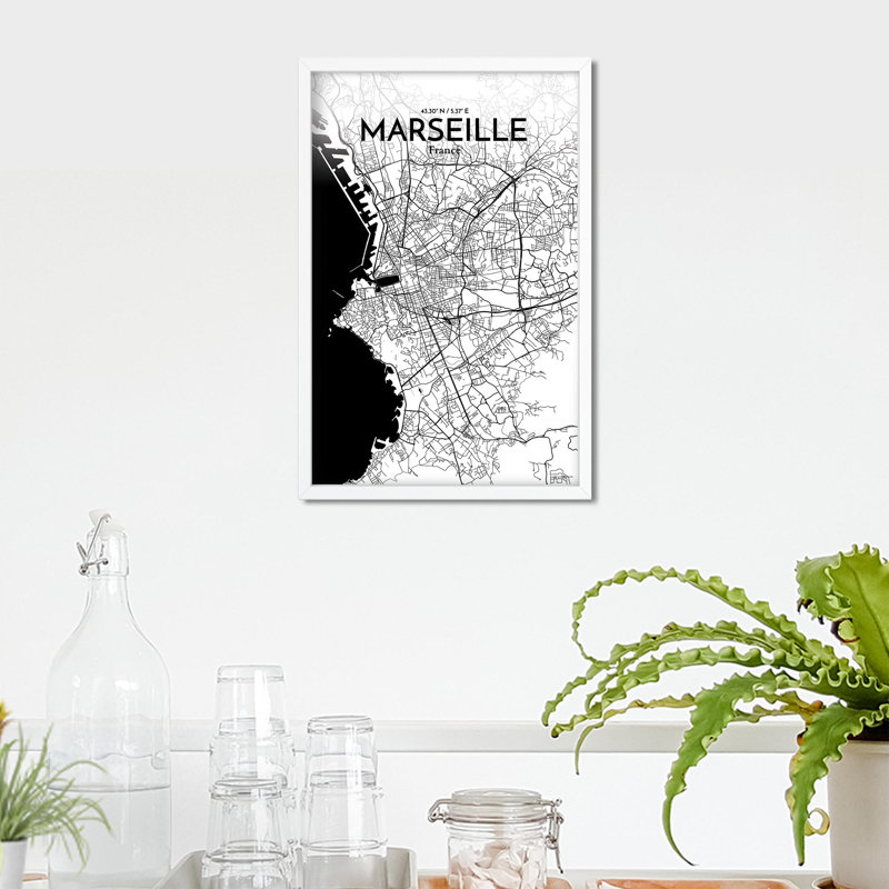 «Marseille City Map», impression, H 17 po x l 11 po, Noir et blanc