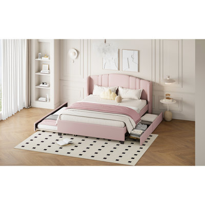Lit plateforme tapissier avec tête de lit à oreilles rose - sans sommier, 2 tiroirs et lit gigogne simple pour une chambre fonctionnelle et élégante
