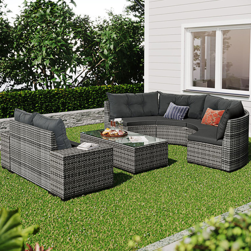 8-Pieces Outdoor Wicker Round Sofa Set, Half-Moon Sectional Setsr, Curved Sofa Set With Rectangular Coffee Table, Grey