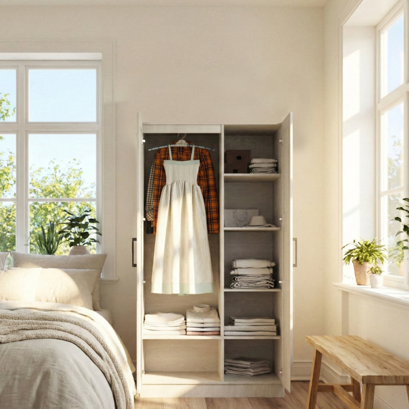 Garde-robe 2 portes - penderie avec plusieurs tablettes, Blanc