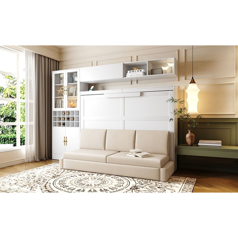 Lit double blanc, avec tablettes, et idéal pour les petits espaces de vie