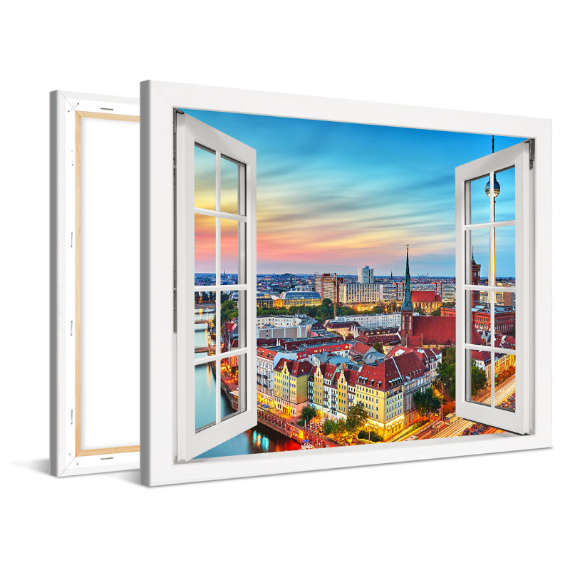 Berlin Panorama In The Window - No Frame Print on Canvas, 75cm H x 100cm W x 2cm D