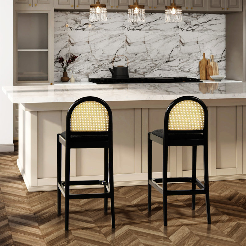 Panama 30.5" Ebony Black Boucle Cane Rattan Bar Stools, Set of 2