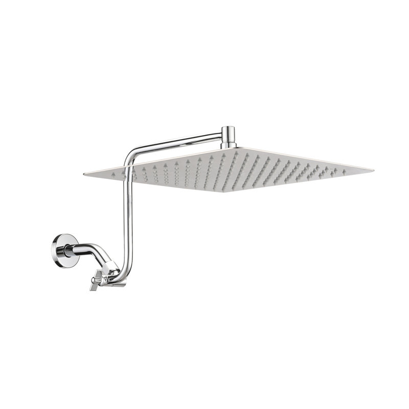 Pomme de douche 12 po avec bras réglable stable - acier inoxydable, débit de 2 gallons par minute, construction carrée en acier de pluie carrée, auto-nettoyante, Max