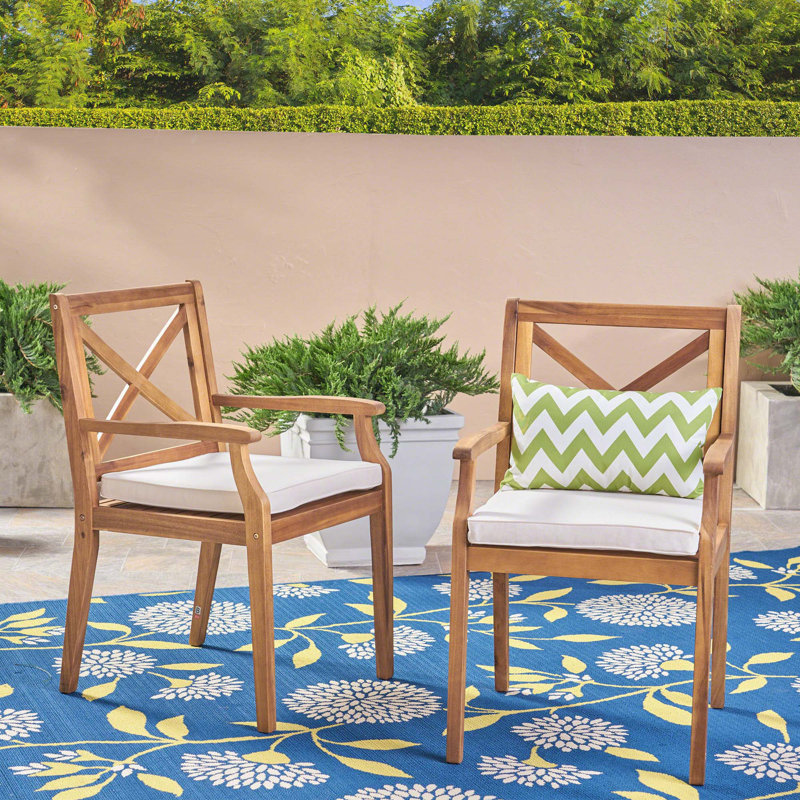 Chaise de salle à manger Perla, 2 pièces avec 2 coussins, pour la cour, le bord de la piscine, le jardin, Bois, Crème, crème