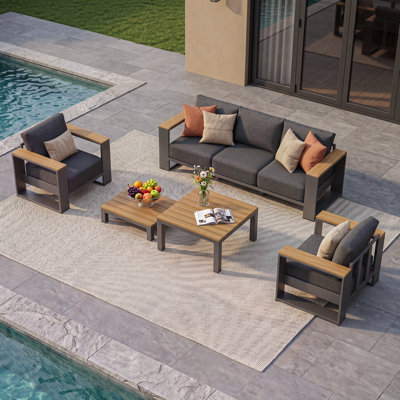 Aluminum Outdoor Patio Furniture Set With 2 Wood-Grain Coffee Tables,5-Person Outdoor Conversation Set With Wide Armrests,Outdoor Sectional Furniture Set For Porch,Balcony,Garden,Dark Gray