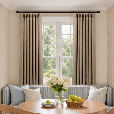 Pinch Pleated Short Curtains 63 Inch Length 2 Panels Set for Kitchen, Memory Shape Semi Sheer Thick Natural Linen Textured 40 Inches Wide Curtain Light Filtering Privacy
