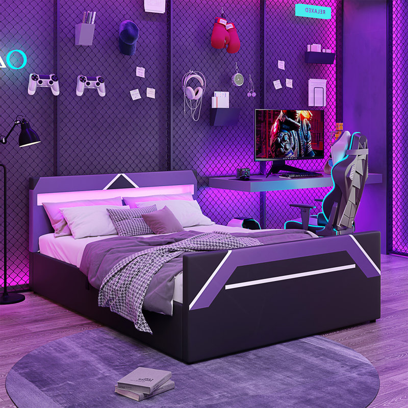 Lit plateforme futuriste pour gamer, format queen, avec tête de lit DEL 7 couleurs et rangement hydraulique sous le lit