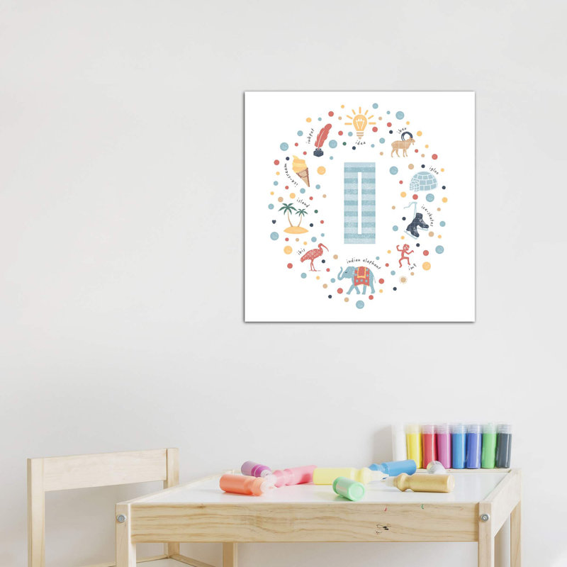 Lettre illustrée I bleue - impression, H 37 po x l 37 po x P 1,5 po, Toile tendue, Pas de tapis
