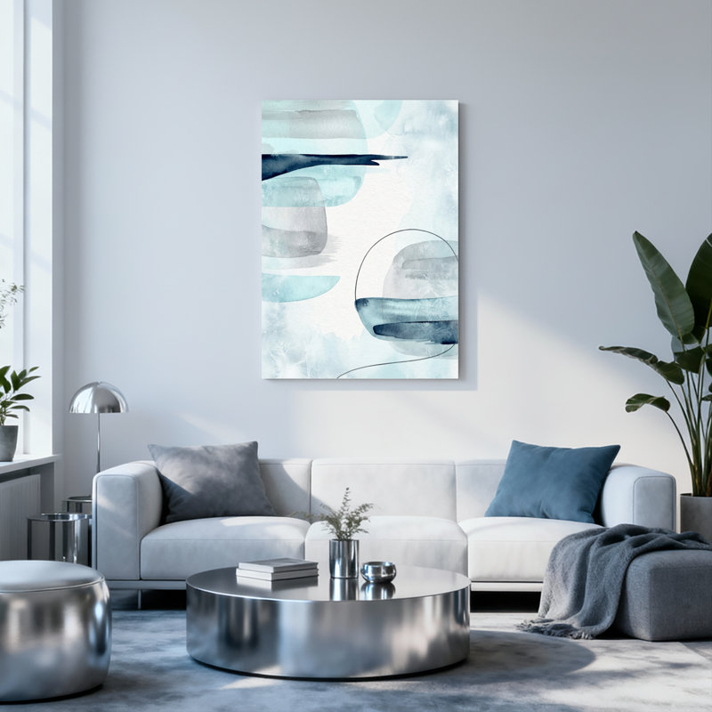 Ensemble de 1 tableau abstrait à l'aquarelle, formes et courbes, sur toile tendue., H 36 po x l 24 po