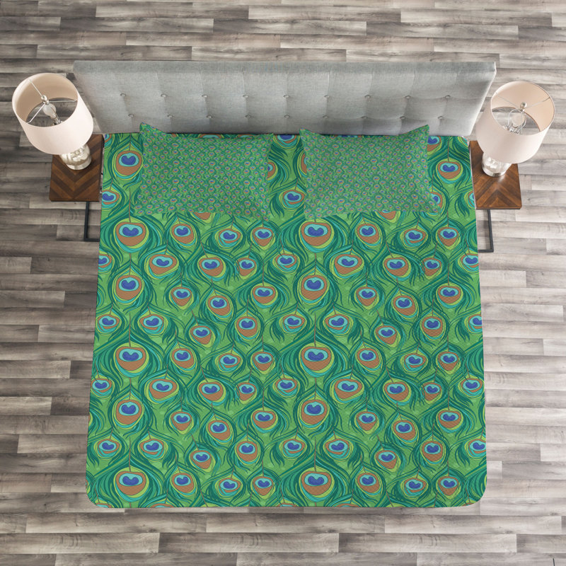 Adinath Green/Orange Microfibre Bedspread Set, 220 x 220 cm Bedspread - 2 Shams