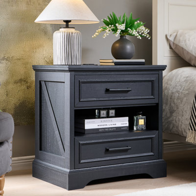24" Farmhouse End Table With Charging Station, 2 Drawers Large Side Table With Open Shelf, Rustic Nightstand For Bedroom,living Room by Gracie Oaks