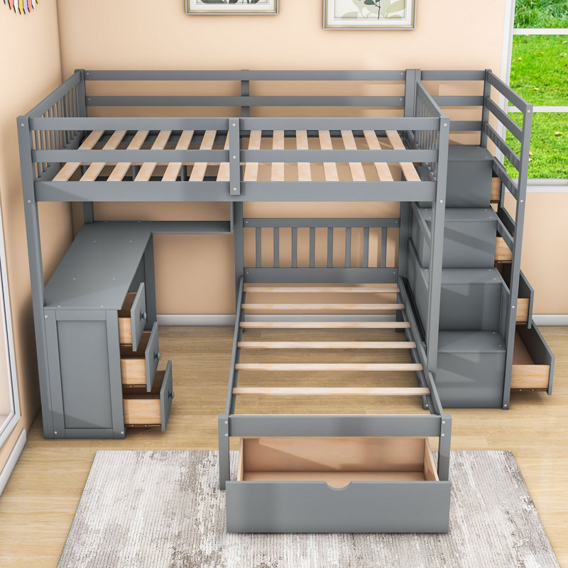 Full Over Twin Wood 8 Drawers Bunk Bed With Built-In-Desk And Shelves, Gray