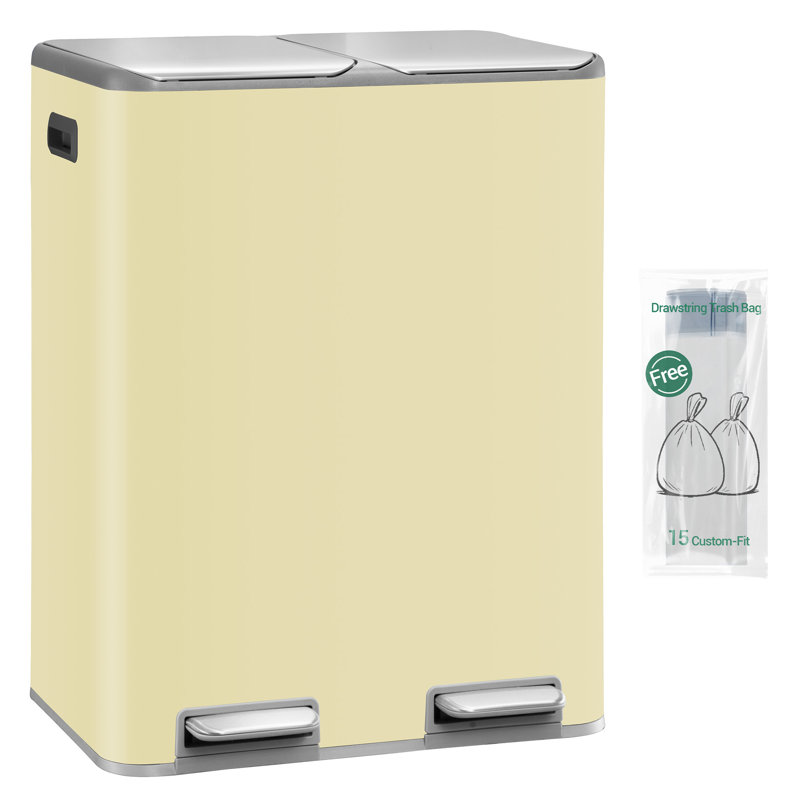 Kitchen Bin, Recycling Bins, Pedal Bin with Lid, Stainless Steel Kitchen Bins Recycling and Waste, Silent Slow-Down Closing Lid, With 15 Exclusive Trash Bags