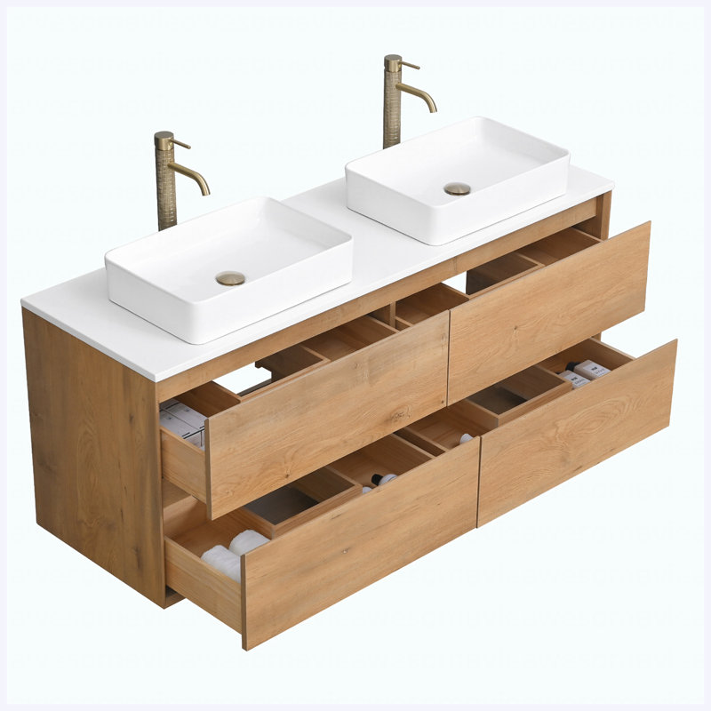Meuble-lavabo mural flottant 60 po avec comptoir en quartz blanc et vasque rectangulaire en céramique 60 po, finition blanche avec tiroirs de rangement