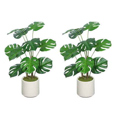 30'' Artificial Monstera Deliciosa Plant with White Pot, 2 Pcs/Set - Realistic Faux Monstera for Indoor Decor, Low Maintenance Fake Greenery