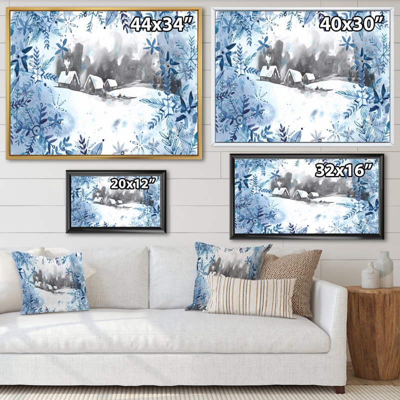 Paysage de Noël d'hiver en bleu, blanc et gris - Peinture sur toile, Cadre érable, H 25 po x l 33 po x P 1 po