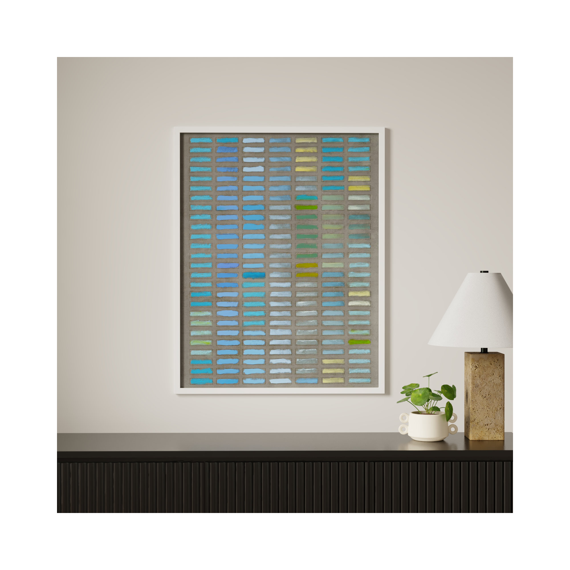 Beyond The Blues by Jacques Pilon, White Framed, 38" H x 30" W x 1.25" D