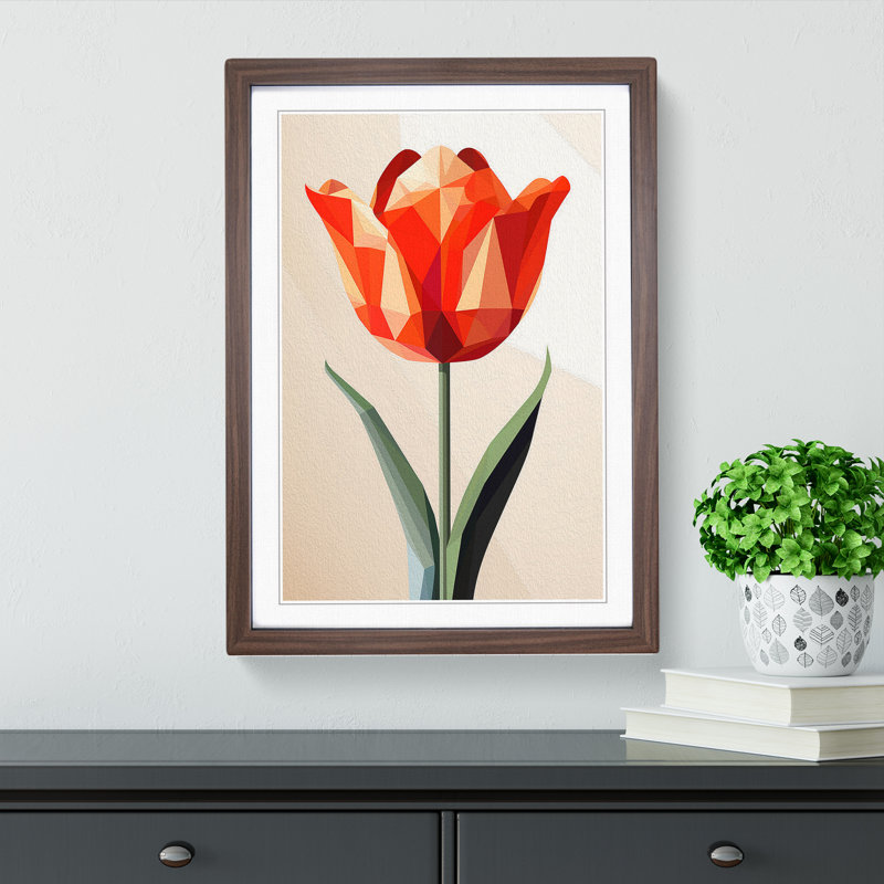 Tulip Flower Geometric No.2 - Single Picture Frame Print on Wood, 34cm H x 25cm W x 2cm D, Walnut
