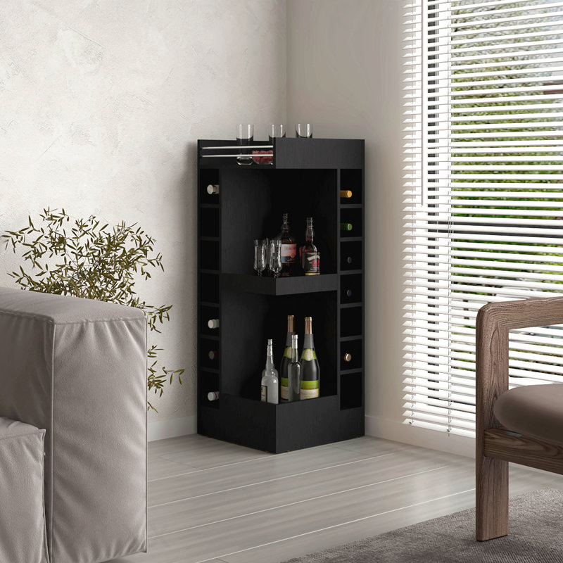 Armoire de bar d'angle à 3 niveaux de 46 po de hauteur - 14 casiers à bouteilles, armoire de rangement noire et à alcool pour le salon