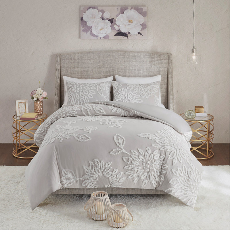 Ensemble d'édredon en chenille de coton capitonné 3 pièces, gris chaud / blanc, double / grand, rembourrage hypoallergénique