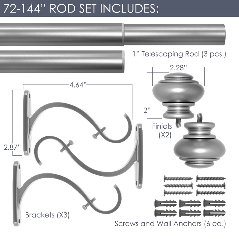 MacLaine Metal Adjustable  Single Curtain Rod, Antique Bronze, 72"-144"
