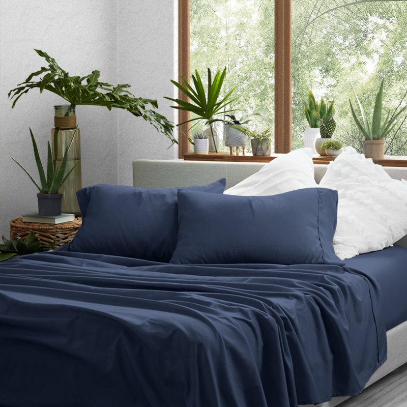 Sateen Double Brushed Microfiber Sheet Set, Midnight Blue, Queen Sheet Set + Fitted Sheet + 2 Pillowcases