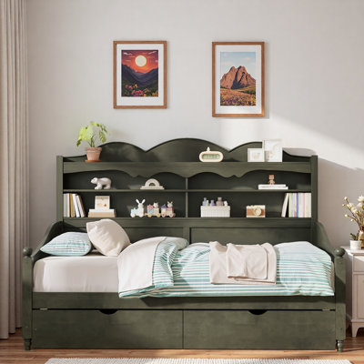 Wooden Daybed With 2 Storage Drawers And Storage Headboard Shelving
