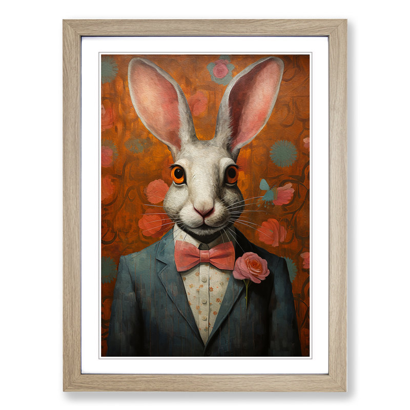 Rabbit Modern - Single Picture Frame Rectangle Print on Wood, 64cm H x 46cm W x 2cm D, Oak