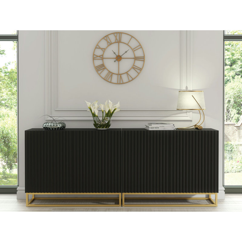 Modern Sideboard with Fluted Fronts & Gold Legs – 200cm Storage Cabinet, Black